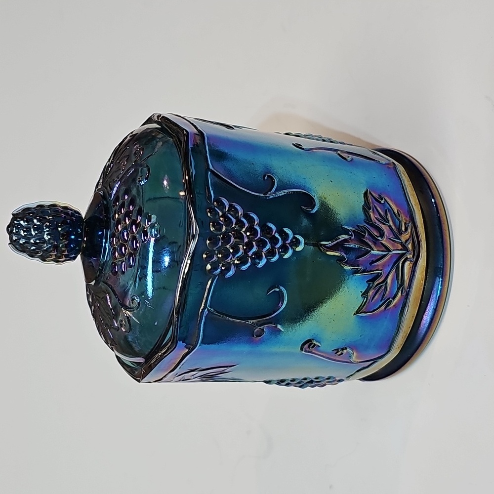 Vintage Indiana Glass Blue Carnival Glass "Harvest Grape" Jar Canister w/ Lid - Picture 5 of 16